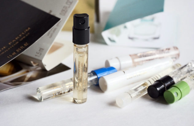 Perfume vial sample spray set, selective focus on vial